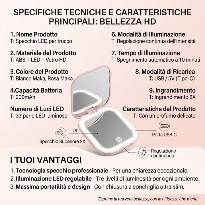 Mini specchio per il trucco pieghevole portatile